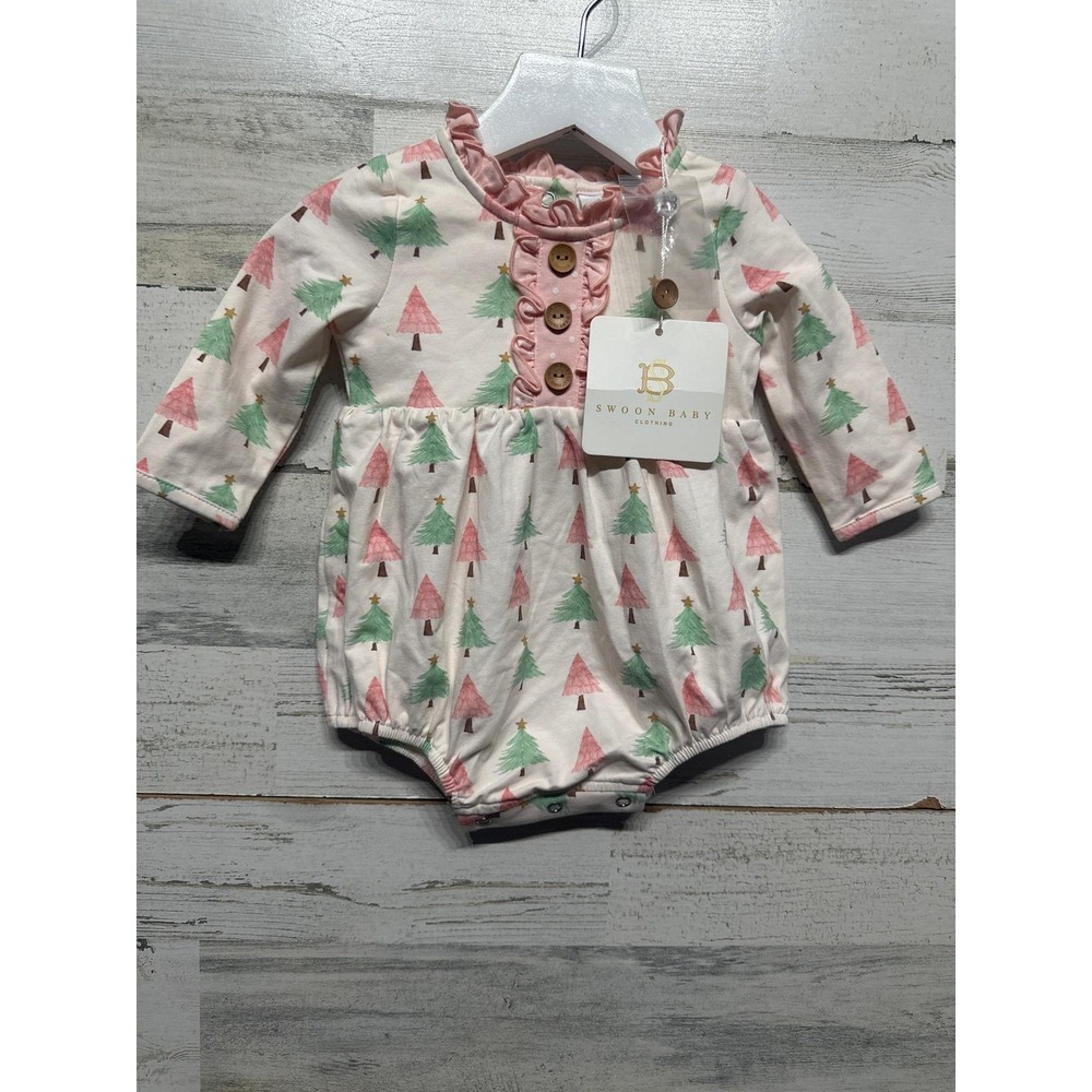 Swoon Baby Christmas Tree Bubble Romper Girls 6M Pink Green Festive NWT